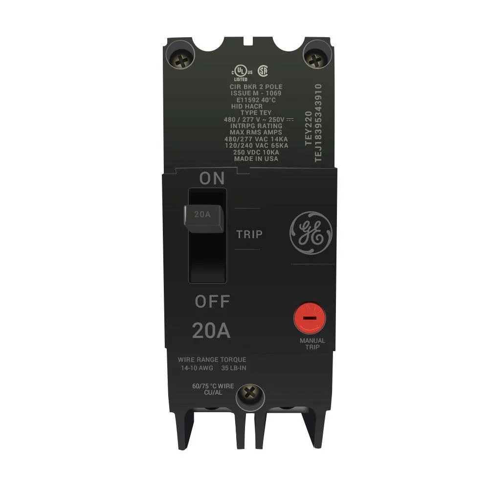 BREAKER TEY 20A 2P 480/277VAC@14KA 240VAC@65KA 120VAC@65KA TEY220